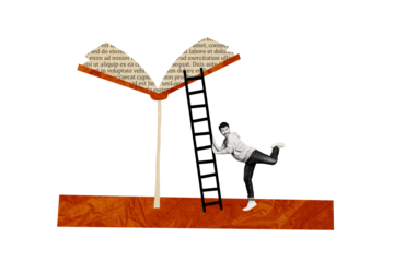 Composite photo collage of happy excited man push ladder fly open book student hobby bookworm development isolated on painted background