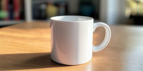 Minimalist White Coffee Mug on an Oak Desk in Morning Light, Ideal for Home Office Inspiration