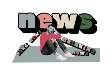 Composite trend artwork sketch 3D collage of fake breaking news brainwashing misleading media narrative sad young guy sit down think mind