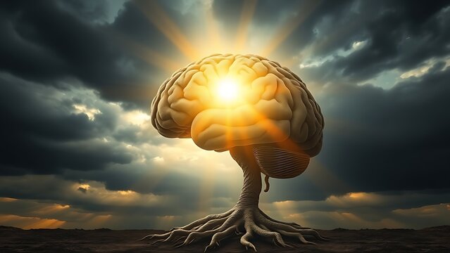 A luminous sunbeam breaks through storm clouds to illuminate a human brain model made of intricate, healthy tree roots.
