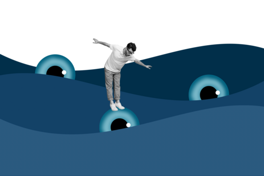 Trend artwork sketch image photo collage of caricature summer season travel vacation sea water waves huge eye peek young man stand balance