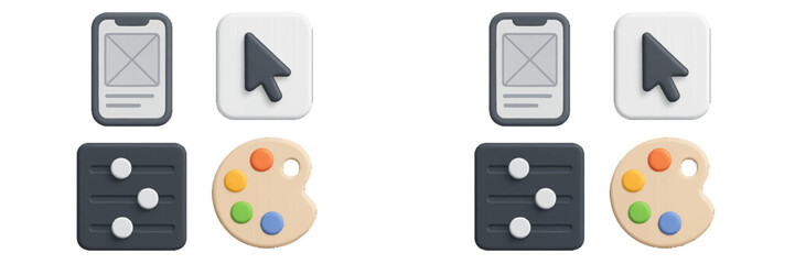 User interface design elements for mobile applications and creative tools including wireframe, cursor, settings, and color palette