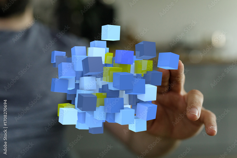 Poster abstract image of data cubes, innovation, technology, and digital transformation.