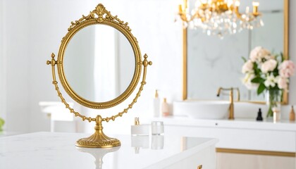 Ornate gold-framed vanity mirror on a white marble countertop in a bright, elegant bathroom