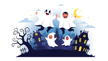 Naklejka premium Whimsical Halloween Gathering: A captivating illustration showcases friendly specters playfully gliding through the night sky, their ghostly forms dancing in front of a spooky haunted mansion.