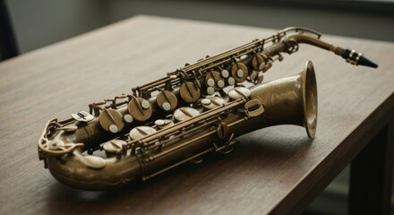 Obraz premium A brass saxophone rests on a wooden table