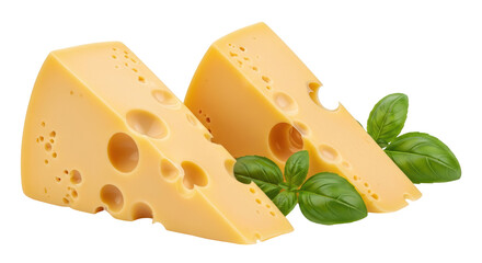 Isolated Two Cheese Wedges with Basil Leaves