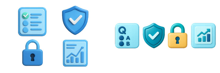 Fototapeta premium Digital security shield, data analysis chart, checklist, and quiz symbols for modern business concepts and technology solutions
