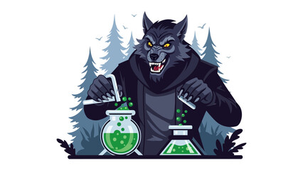 Scientific Wolf: An intimidating wolf figure, masterfully illustrated in a stylish design, stands at a scientific bench.
