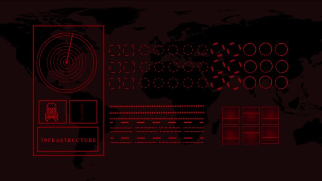 Futuristic red hud interface with world map background, digital technology screen display, abstract vector illustration for modern design