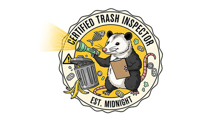 Funny Possum Trash Inspector Illustration – Cartoon Animal with Flashlight, Clipboard, and Garbage Items