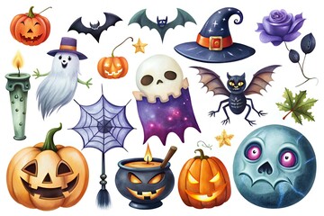 Naklejka premium Spooky halloween elements collection with pumpkins ghosts bats and witch hats