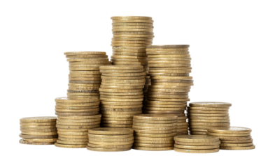 Golden coins stacked in different heights, creating a pyramid shape cut out