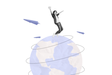 Exclusive magazine picture sketch collage image of carefree excited boy travelling around world isolated painting background