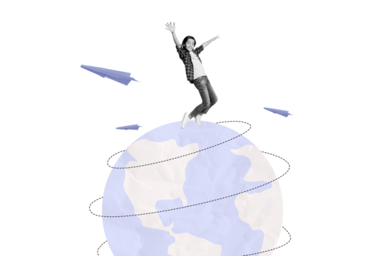 Exclusive magazine picture sketch collage image of carefree excited boy travelling around world isolated painting background