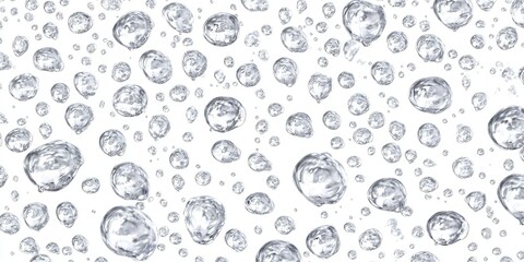 Water droplets, a repeating pattern of clear, round water droplets on a white background