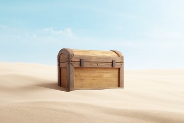 A weathered wooden chest sits in the endless desert, promising secrets or long forgotten riches.