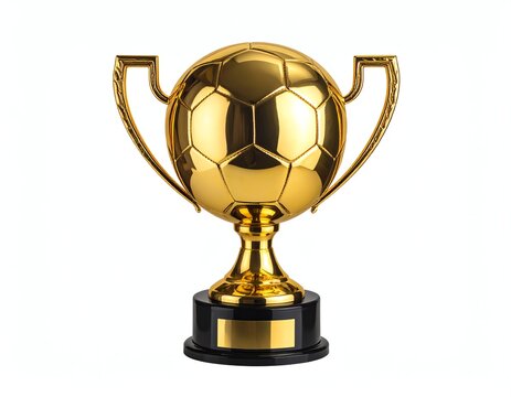 Shiny golden soccer trophy on a pedestal.