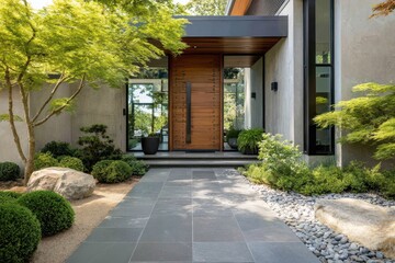 Fototapeta premium Inviting entryway to a modern residence with a wooden door and japanese garden