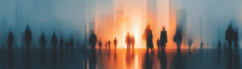 Fototapeta premium Innovative thinkers stride through gleaming city towers, aura of progress