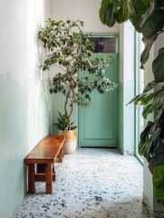 Tranquil hallway with a wooden bench and greenery.