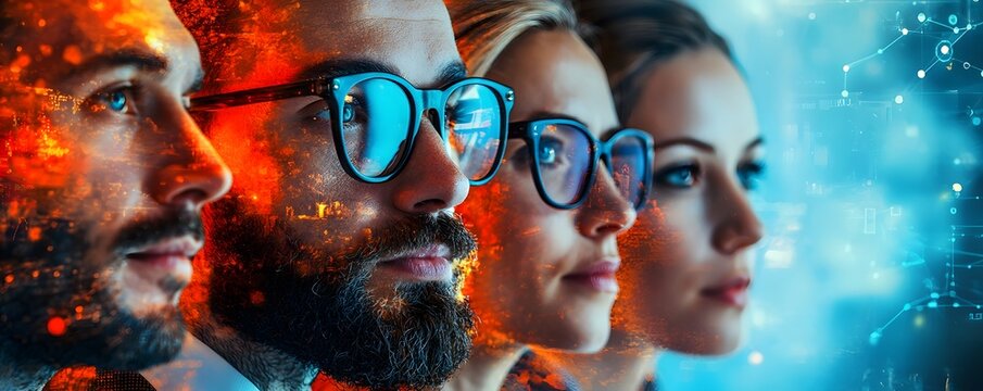 Diverse professionals focused on technology data and future business strategies in a modern digital environment