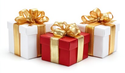 Obraz premium Three gift boxes, white and red, adorned with gold ribbons and bows, sit side-by-side against a white background