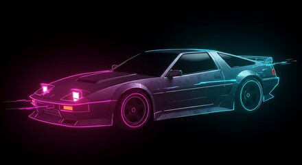 Retro Car with Neon Outline on Dark Background