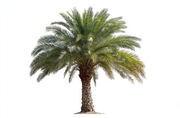 Isolated date palm tree against white background.  Full view of a lush, healthy palm tree with a thick trunk and a broad, spreading crown of fronds. 