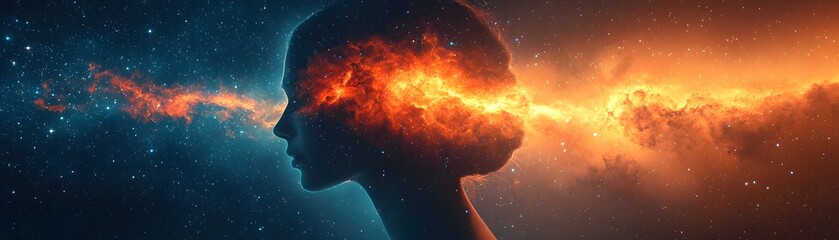 Conceptual silhouette of a human head filled with swirling galaxies and nebulae symbolizing infinite thought and cosmic consciousness