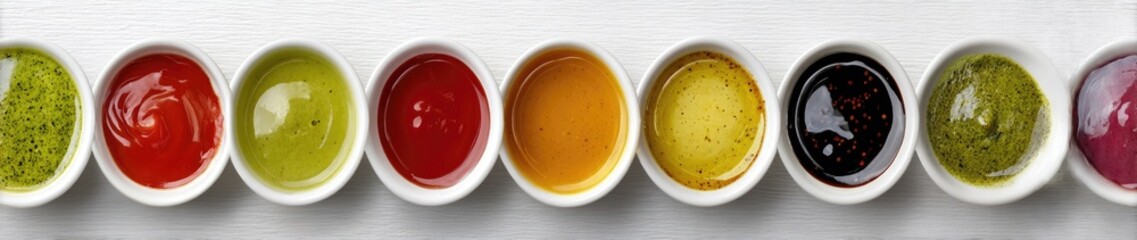 Assorted Dips or Sauces in Small White Bowls