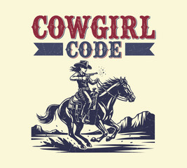 Retro Cowgirl Riding Horse with 