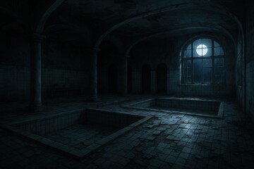 Obraz premium An eerie night scene of a dilapidated building interior, moon illuminating through window, evokes a sense of mystery, and whispers of forgotten stories within this atmospheric image.