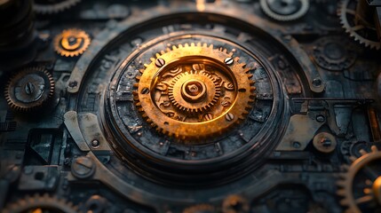 Fototapeta premium An intricate arrangement of golden and steel gears is showcased in this close up shot, highlighting the complexity and beauty of mechanical enginee design.