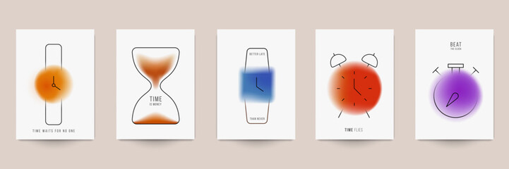 Set of clock device composition in minimalistic style. Design template for branding invitation, business card, menu page, banner, flyer. Vector illustration.