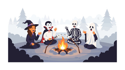 Campfire Tales of Halloween: A whimsical tableau of Halloween figures gather around a crackling campfire in a moonlit forest, sharing stories under a starlit sky, celebrating the thrill of the season.