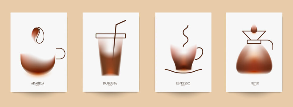 Set of coffee composition in minimalistic style. Design template for branding shop or cafe invitation, business card, menu page, banner, flyer. Vector illustration.