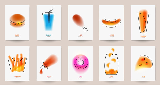 Set of fast food product composition in minimalistic style. Design template for branding shop or cafe invitation, business card, menu page, banner, flyer. Vector illustration.