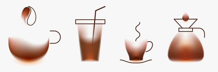 Coffee cup, bean, espresso mug, filter. Set graphic element for cafe, design beverage, restaurant. Creative minimal composition with gradient blurred and line elements. Collection vector illustration.