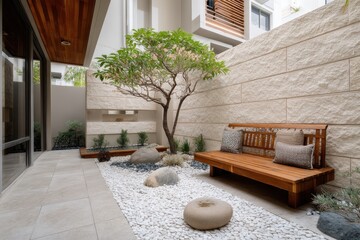 Tranquil courtyard garden with wooden bench and landscaping.