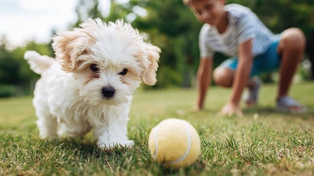Playful puppy chasing yellow tennis ball on grass with child ready to play in the background, capturing joy, energy, and carefree moments outdoors - Powered by Adobe