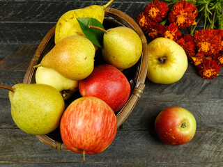 Apples and pears in a wicker basket, marigold flowers lie on a dark wooden board