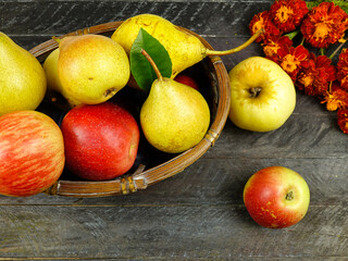 Apples and pears in a wicker basket, marigold flowers lie on a dark wooden board