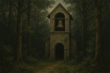 Fototapeta premium An old bell tower stands silently in the misty depths of a tranquil forest, with an aura of both serenity and mystery, inviting exploration and quiet reflection.