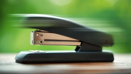 A dark grey stapler in motion blur, resting on a blurred wooden surface against a vibrant green background.  The metallic stapling mechanism is visible