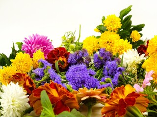 Flower arrangement of summer decorative garden flowers, side view. Gifts of nature, floral background.