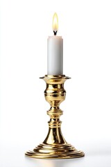 Gold candleholder with a lit white candle