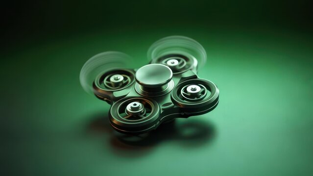 A dark metallic fidget spinner rotates on a dark green surface, subtly lit, suggesting motion blur around its spinning components