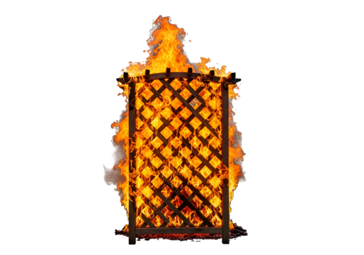 A wooden lattice structure ablaze with intense orange and yellow flames against a dark background.