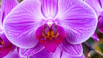 Fototapeta premium A close-up view of a vibrant purple orchid with intricate details and subtle striations
